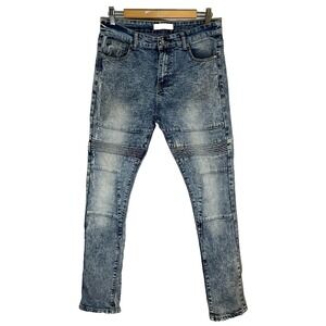 Acid Wash Moto Denim Jeans Skinny 32" Streetwear Grunge Skater Urban Faded 90s
